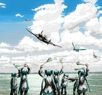  ahoge aircraft airplane bf_109 clone cloud day flying hatsune_miku long_hair luftwaffe military multiple_girls rxjx spring_onion twintails vocaloid world_war_ii 