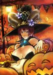  blue_eyes breasts cleavage ekoda_(piapro) flower halloween hat horns jack-o'-lantern lamp large_breasts long_hair megurine_luka pink_hair pumpkin smile solo vocaloid 