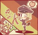  bird black_legwear blonde_hair blush border chibi chick dog_tail erica_hartmann hat heart highres instrument military military_uniform musical_note one_eye_closed red_border solo star strike_witches tail takahero thighhighs trumpet uniform world_witches_series 