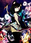  animal_ears bad_id bad_pixiv_id black_hair blue_eyes demon_tail dress flower hasuhashi original solo tail 