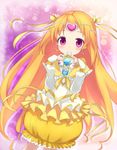  bow brooch bubble_skirt chiroru_(7450n) circlet cure_muse_(yellow) eighth_note frills gathers hair_ribbon heart jewelry long_hair magical_girl mouth_hold musical_note orange_hair precure purple_background purple_eyes ribbon shirabe_ako skirt smile solo suite_precure yellow_bow yellow_skirt 