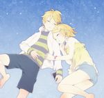  1girl barefoot blonde_hair brother_and_sister casual closed_eyes face hair_ornament hairclip hands kagamine_len kagamine_rin lying on_side short_hair shorts siblings twins utako vocaloid 