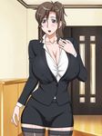  blazer blue_eyes blush breasts brown_hair business_suit cleavage curvy erect_nipples formal highres huge_breasts legwear milf miniskirt open_clothes open_mouth open_shirt ponytail shirt skirt solo standing stockings thighhighs uniform yukijirushi_nyugyou yukijirushi_nyuugyou 