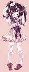  amezawa_koma arms_up black_hair blue_eyes blush bunching_hair dress hands_in_hair multicolored multicolored_clothes multicolored_dress original pink_skirt skirt smirk solo thighhighs twintails white_legwear white_skirt zettai_ryouiki 