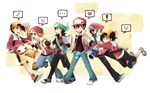  6+boys :o ^_^ alternate_costume azurebloom backwards_hat baseball_cap closed_eyes coat dual_persona eighth_note everyone fingerless_gloves gameplay_mechanics glomp gloves gold_(pokemon) hat heart hug kouki_(pokemon) male_focus multiple_boys musical_note pokemon pokemon_(game) pokemon_dppt pokemon_emerald pokemon_frlg pokemon_gsc pokemon_hgss pokemon_platinum pokemon_rgby pokemon_rse red_(pokemon) red_(pokemon_frlg) red_(pokemon_rgby) shorts speech_bubble spoken_face spoken_heart spoken_musical_note v-shaped_eyebrows winter_clothes yuuki_(pokemon) 