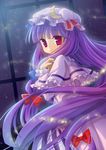  book constellation crescent dress hair_ribbon hat highres holding long_hair looking_at_viewer looking_back night patchouli_knowledge purple_eyes purple_hair ribbon silver15 sky solo star_(sky) touhou very_long_hair window 