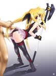  1girl ass bardiche belt bent_over blonde_hair bow censored covered_nipples cum cum_on_floor cumdrip doggystyle fate_testarossa flat_chest hair_bow hair_pull hetero highres kamogawa_tanuki legs leotard leotard_aside long_hair looking_back lyrical_nanoha mahou_shoujo_lyrical_nanoha mosaic_censoring no_shoes open_mouth penis pussy_juice red_eyes see-through sex skirt solo_focus standing_sex thighhighs tiptoes twintails vaginal 