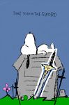  cross dark_souls dog english flower great_grey_wolf_sif lying marunedamenaotoko no_humans on_back parody peanuts planted_sword planted_weapon sketch snoopy souls_(from_software) style_parody sword text_focus tombstone weapon 