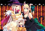  ahoge artoria_pendragon_(all) blonde_hair breasts cleavage dress elbow_gloves fate/zero fate_(series) gloves green_eyes halloween hat illyasviel_von_einzbern irisviel_von_einzbern jack-o'-lantern long_hair medium_breasts mother_and_daughter multiple_girls one_eye_closed ponytail pumpkin purple_hat red_eyes saber silver_hair white_hair witch_hat yeichi 