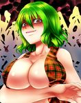  angry breast_hold breasts cleavage collarbone crossed_arms green_hair kazami_yuuka large_breasts nagare open_clothes open_shirt red_eyes shaded_face shirt smile solo touhou wavy_hair 