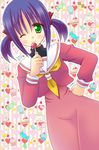  bad_id bad_pixiv_id black_tea blush cake candy checkerboard_cookie cookie cup cupcake food fruit green_eyes hair_ribbon hand_on_hip hayate_no_gotoku! heart highres hinata_mirun jam_cookie jelly_bean lollipop nishizawa_ayumu one_eye_closed plate purple_hair ribbon school_uniform serafuku short_hair slice_of_cake smile solo strawberry strawberry_shortcake sweets tea teacup twintails 