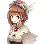  :d atelier_(series) atelier_rorona banned_artist blue_eyes blush breasts brown_hair capelet hat highres looking_at_viewer medium_breasts open_mouth paseri rororina_fryxell simple_background sketch smile solo upper_body white_capelet 