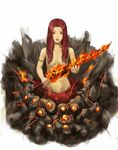  armlet censored chaos_witch_quelaag dark_souls fire flame flaming_sword hair_censor hair_over_breasts insect_girl long_hair looking_at_viewer monster_girl nude red_hair shigumo_(shigeru) solo souls_(from_software) spider_girl sword weapon 