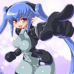  bad_id bad_pixiv_id blue_hair bodysuit breasts busou_shinki dd_(ijigendd) doll_joints grey_bodysuit long_hair medium_breasts open_mouth pointing pointy_ears red_eyes smile solo strarf thigh_gap very_long_hair 