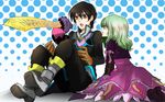  1girl :o asu1225 bad_id bad_pixiv_id black_hair boots bow brown_eyes coat creature cropped_jacket dress elize_lutus frills gloves green_hair happy_birthday jude_mathis kneeling pants ribbon short_hair sitting surprised tales_of_(series) tales_of_xillia teepo_(tales) 