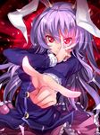  animal_ears atomix bunny_ears crescent finger_gun fingernails foreshortening glaring glowing glowing_eyes hand_over_face hands highres long_hair looking_at_viewer purple_hair red_eyes reisen_udongein_inaba skirt solo touhou upper_body v 