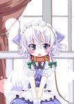  animal_ears apron bad_id bad_pixiv_id blue_eyes braid chibi collar curtains dog_ears dog_tail dress fang ishimori_sakana izayoi_sakuya kemonomimi_mode leash maid maid_headdress open_mouth ribbon short_hair skirt solo tail touhou twin_braids v_arms window wrist_cuffs 