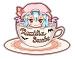  bat bat_wings blue_hair character_name chibi cup fang hat hat_ribbon in_container in_cup minigirl open_mouth red_eyes remilia_scarlet ribbon saucer short_hair solo touhou umi_suzume wings 