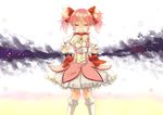  bow bubble bubble_skirt closed_eyes drinking_straw gloves hair_bow hiiragi_shou kaname_madoka kneehighs magical_girl mahou_shoujo_madoka_magica pink_hair ribbon short_hair short_twintails skirt smile solo twintails 