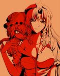  braid breasts cleavage fangs flandre_scarlet hat hong_meiling large_breasts long_hair monochrome multiple_girls off_shoulder open_mouth ribbon ryuushou smile star touhou twin_braids wings 