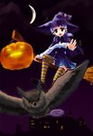  bird candy capelet castle crescent_moon flying food halloween hat heart jack-o'-lantern lollipop mizuki_(mizuki_ame) moon night night_sky open_mouth original outstretched_arm outstretched_hand owl pointy_ears pumpkin purple_hair red_eyes short_hair sky solo striped striped_legwear thighhighs twintails witch_hat 
