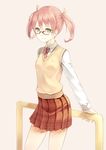  banned_artist glasses green_eyes guard_rail hair_ribbon looking_at_viewer original paseri pink_hair plaid plaid_skirt pleated_skirt red-framed_eyewear ribbon school_uniform short_hair short_twintails simple_background skirt smile solo sweater_vest twintails 