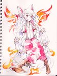  bad_id bad_pixiv_id cross-laced_footwear fiery_wings fire fujiwara_no_mokou graphite_(medium) highres ofuda pants shinoasa solo suspenders touhou traditional_media watercolor_(medium) wings 