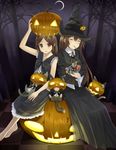  animal_ears barefoot blush brown_eyes brown_hair candy cat cat_ears cat_tail checkerboard_cookie checkered checkered_floor closed_eyes cookie crescent_moon dress food halloween hand_on_lap hat jack-o'-lantern lollipop long_sleeves moon multiple_girls ochau original pocky pumpkin pumpkin_hat sitting sleeveless sleeveless_dress smile swirl_lollipop tail witch_hat 