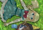  bag blonde_hair blue_eyes blush book bookmark bow dappled_sunlight dress glasses godharo1 grass highres long_hair lying open_mouth original school_bag smile solo sunlight 