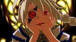  :3 blazblue braid eyepatch grey_hair hands_on_own_cheeks hands_on_own_face jam_nkjm nu-13 open_mouth parody red_eyes solo yandere yandere_trance 