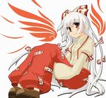  bow dress_shirt fiery_wings fujiwara_no_mokou hair_bow kibisake long_hair pants shirt sitting solo suspenders touhou very_long_hair wings 