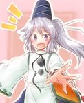  grey_eyes grey_hair hat japanese_clothes mokku mononobe_no_futo open_mouth ponytail pose smile solo tate_eboshi touhou upper_body 