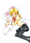  animal bad_id bad_pixiv_id black_legwear blonde_hair blush curly_hair highres kyubey mahou_shoujo_madoka_magica marker_(medium) millipen_(medium) mono_land pantyhose school_uniform sleeping smile tomoe_mami traditional_media 