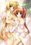  ass bath bathing blonde_hair blush breasts brown_hair censored cleavage convenient_censoring covering fate_testarossa fujima_takuya hair_over_breasts hair_ribbon hands highres large_breasts long_hair looking_at_viewer looking_back lyrical_nanoha mahou_shoujo_lyrical_nanoha_strikers mahou_shoujo_lyrical_nanoha_vivid multiple_girls nude nude_cover official_art plant ponytail purple_eyes red_eyes ribbon scan side_ponytail sideboob sitting standing takamachi_nanoha thighs towel twintails very_long_hair water wet window 