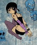  1girl black_hair female girl looking_at_viewer looking_back red_eyes short_hair skull solo star stars strips thighhighs 