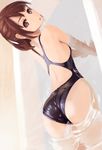  arm_support ass bathtub breasts brown_eyes brown_hair competition_swimsuit copyright_request kawa_akira no_nose one-piece_swimsuit ponytail short_hair sideboob sideways small_breasts solo swimsuit water 