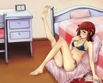  amami_haruka bare_legs bare_shoulders barefoot bed bedroom bikini black_bikini blush breasts cleavage clock collarbone feet full_body hair_ribbon hand_to_own_mouth idolmaster idolmaster_(classic) indoors leg_up legs medium_breasts navel ribbon short_hair side-tie_bikini sitting soles solo strap_gap stretch swimsuit toenails toes yellow_eyes zi-dabu 