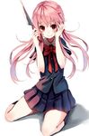  banned_artist blush bow gasai_yuno hands_on_own_face knife long_hair looking_at_viewer mirai_nikki paseri pink_hair red_eyes school_uniform seiza shadow sitting skirt smile solo yandere 