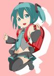  alternate_hair_length alternate_hairstyle aqua_eyes aqua_hair backpack bad_id bad_pixiv_id bag detached_sleeves hatsune_miku jumping midriff navel necktie open_mouth outline pink_background randoseru short_hair short_twintails skirt smile solo tamakorogashi thighhighs twintails vocaloid younger zettai_ryouiki 