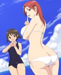  2girls age_difference appurin ass bikini blush breasts brown_eyes brown_hair butt_crack flat_chest happy huge_ass large_breasts long_hair minna-dietlinde_wilcke miyafuji_yoshika multiple_girls one-piece_swimsuit open_mouth outdoors outside red_eyes red_hair school_swimsuit short_hair size_difference sky strike_witches swimsuit water 