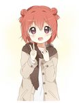  akaza_akari blush blush_stickers breath coat double_bun namori open_mouth purple_eyes red_hair scarf short_hair simple_background solo v winter_clothes yuru_yuri 