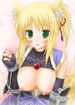  animal_ears blonde_hair blush breasts dog_days elbow_gloves fingerless_gloves fox_ears fox_tail gloves green_eyes japanese_clothes jewelry large_breasts looking_at_viewer necklace nipples shinozuki_takumi shirt_lift solo sweat tail upper_body vambraces yukikaze_panettone 
