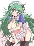  ahoge alternate_costume apron black_legwear blush breasts cleavage covering covering_breasts covering_crotch embarrassed enmaided frog_hair_ornament garter_straps givuchoko green_eyes green_hair hair_ornament hair_tubes kochiya_sanae large_breasts long_hair looking_at_viewer maid maid_headdress mishaguji naked_apron navel open_mouth snake solo tears thighhighs touhou very_long_hair waist_apron wrist_cuffs 