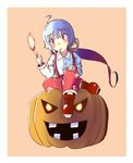  alternate_hairstyle cigarette dress_shirt fire flame fujiwara_no_mokou halloween jack-o'-lantern ne_kuro pants ponytail pumpkin shirt sitting smoking solo suspenders touhou 