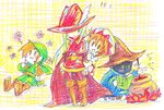  2girls :d arm_support bandana belt black_mage black_skin blush_stickers boots brown_eyes brown_hair cape final_fantasy final_fantasy_i finger_to_face fire flower glint green_eyes hat hood long_hair looking_up multiple_girls open_mouth plaid pot red_mage sitting smile sparkle stirring thief_(final_fantasy) translation_request tunic white_hair white_mage witch_hat yellow_eyes 