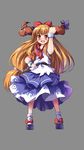  absurdres blush bow brown_eyes brown_hair chain cuffs dress drunk grey_background hair_bow hand_on_hip highres horns huangquan_dong_(sinchi) ibuki_suika long_hair open_mouth simple_background solo touhou 