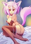  animal_ears ass bad_id bad_pixiv_id bare_shoulders bed bed_sheet bikini blush breasts brown_bikini brown_legwear choker cleavage collar elbow_gloves fox_ears fox_tail gloves lavender_hair looking_at_viewer lying medium_breasts off_shoulder on_side original red_eyes short_hair solo strap_slip swimsuit tail untied x.x 