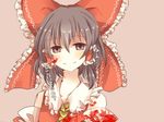  ascot bad_id bad_pixiv_id blood blood_on_face bloody_clothes blush bow brown_eyes brown_hair detached_sleeves dress hair_bow hair_tubes hakurei_reimu highres pasutel red_dress simple_background smile solo touhou translated yandere 