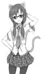  animal_ears arm_up banned_artist cat_ears cat_tail evangelion:_2.0_you_can_(not)_advance glasses greyscale hand_on_hip long_hair looking_at_viewer makinami_mari_illustrious monochrome necktie neon_genesis_evangelion pantyhose paseri rebuild_of_evangelion school_uniform simple_background sketch smile solo tail twintails 