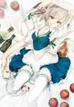  :q alcohol apple apple_peel braid bunkyo_takemi food fruit garters highres holding izayoi_sakuya knife looking_at_viewer lying maid maid_headdress on_back orange_eyes peeling silver_hair skirt solo thighhighs tongue tongue_out touhou white_legwear 